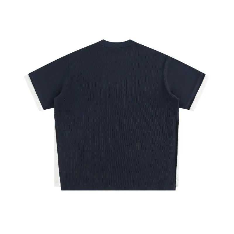 Retro alphabet embroidered loose fit waffle texture short-sleeved t-shirt in navy blue