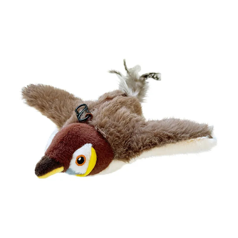 Interactive flapping chirping bird cat toy with feather tail for indoor bored cats