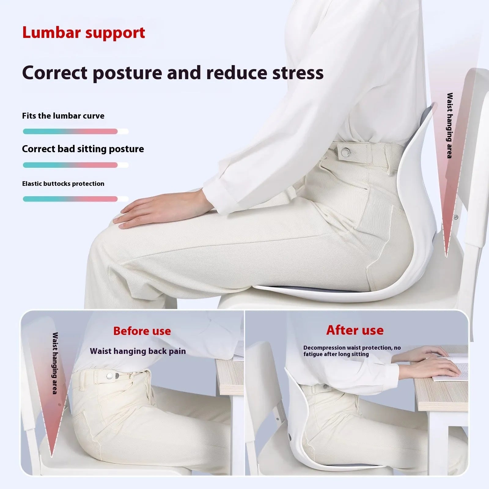 Grey lumbar support cushion with sponge filler for back comfort during extended sitting