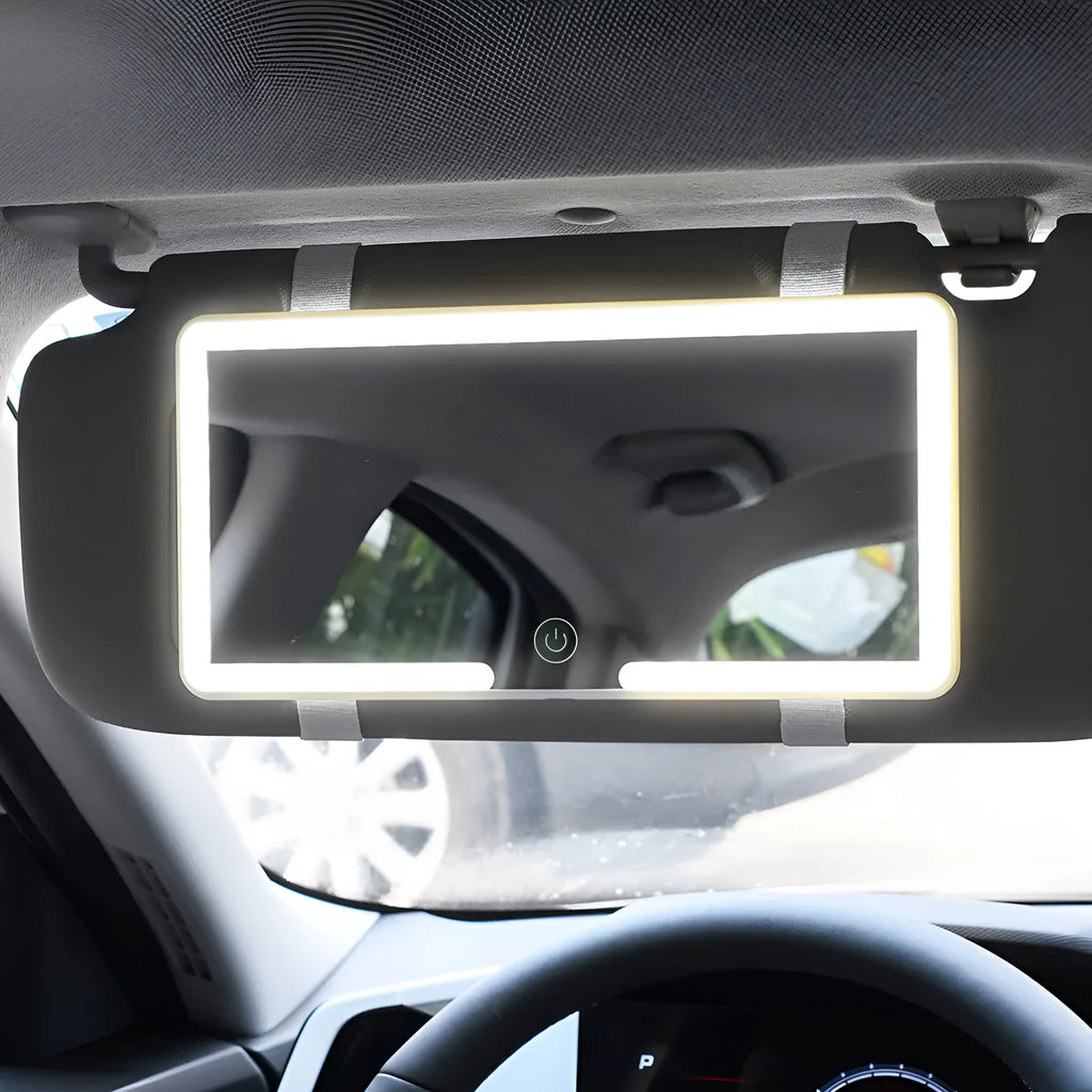 Automotive sun visor mounted LED makeup mirror with dimming control showing dimensions