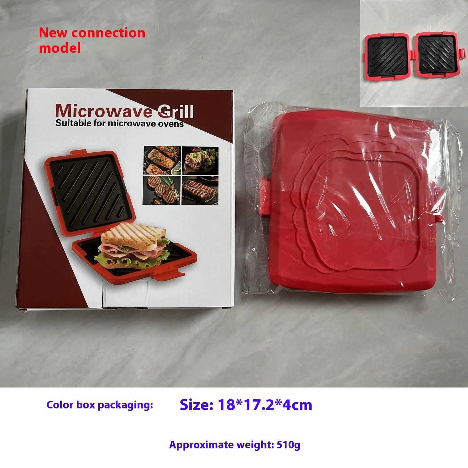 Red silicone baking tray and matching heat-resistant gloves set on kitchen counter