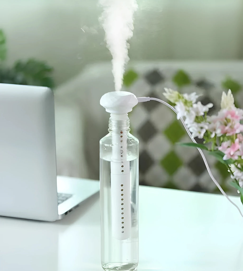 USB mini ultrasonic air humidifier with LED lamp, 54x220mm, in white, pink, and blue, with cool mist output