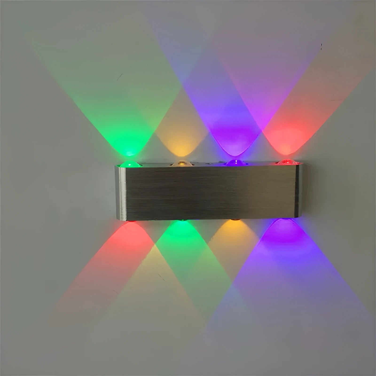 Silver aluminium rectangular wall lamp with LED lighting showing multiple colour options