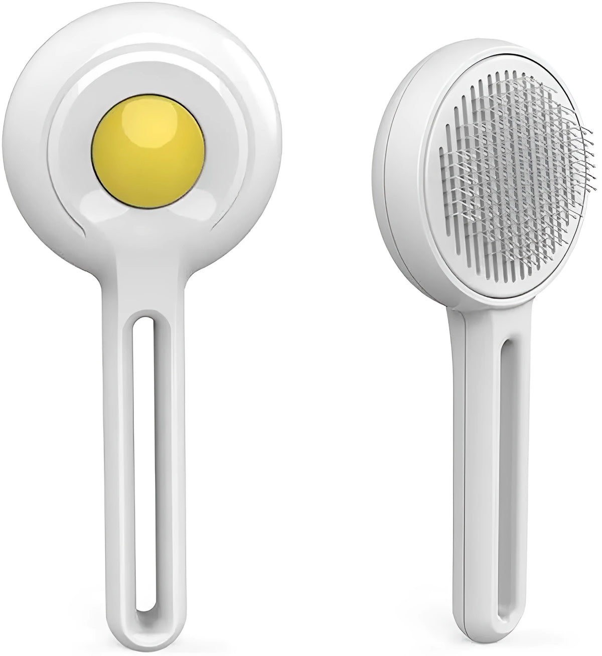 Yellow cat brush with release button, round rubber-tipped pins and stainless steel wire bristles