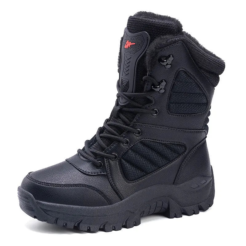 Men's brown and black snow boots with rubber sole, elastic band, and cotton lining, sizes 39-46