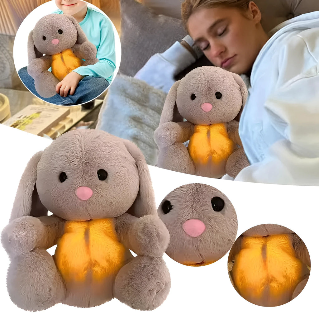 Breathing rabbit plush toy with moving belly and calming features for baby sensory development