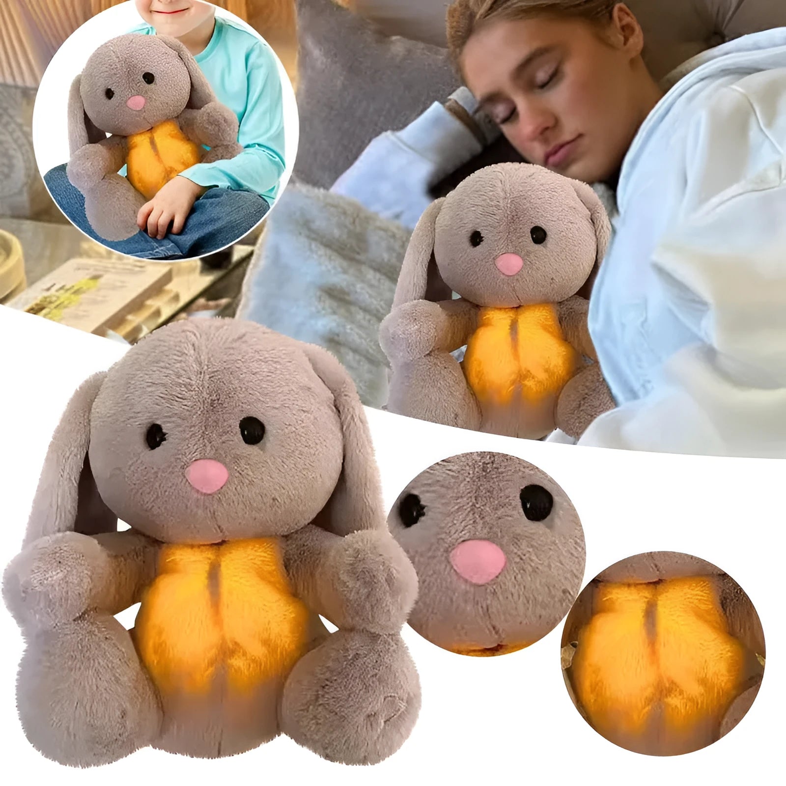 Breathing rabbit plush toy with moving belly and calming features for baby sensory development