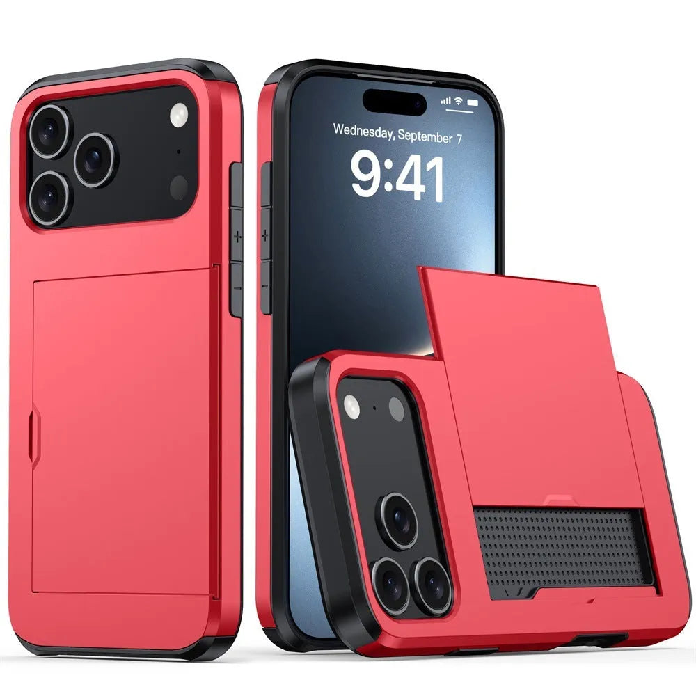 Sliding card case for Apple iPhone in various colours showing card insertion slot and shockproof design