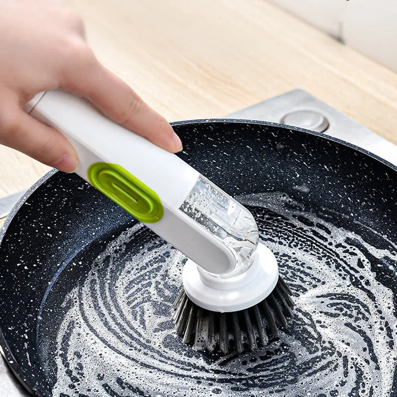 White and red long-handle cleaning brush with liquid dispenser and two brush heads for kitchen use