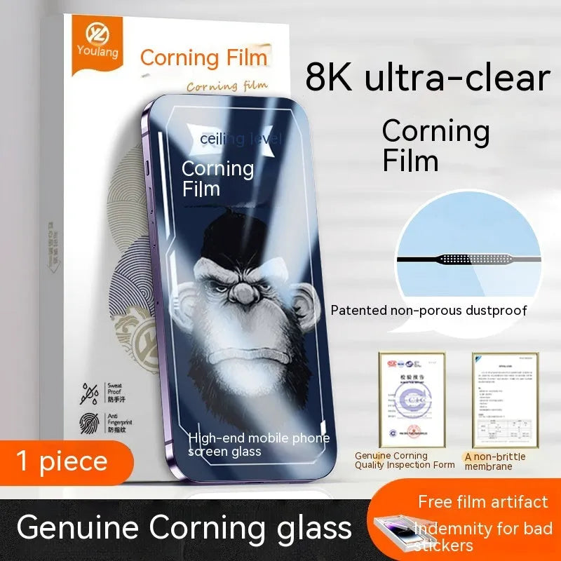 Tempered glass screen protector for iPhone 15 Pro Max, HD clarity, dust-free application, fingerprint resistant, full screen coverage.