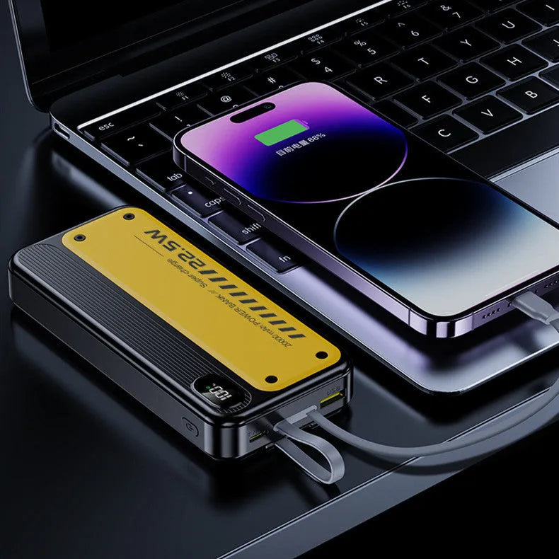 225W fast charge portable power bank with cable 10000mAh black plastic shell multi-USB output