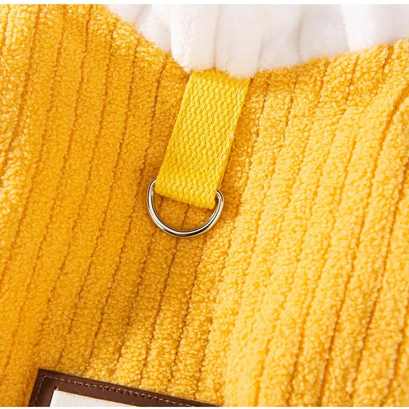 Yellow ribbed fleece pet jumpsuit with white ruffled cuffs and leash ring for cats and small dogs.