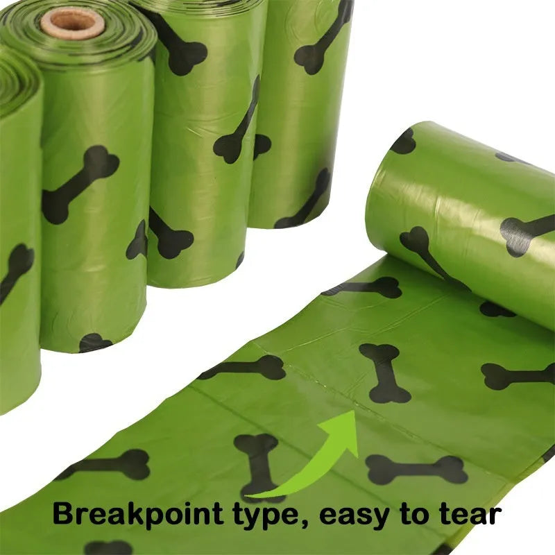 Military green degradable dog poop bags with black bone print measuring 23x33cm