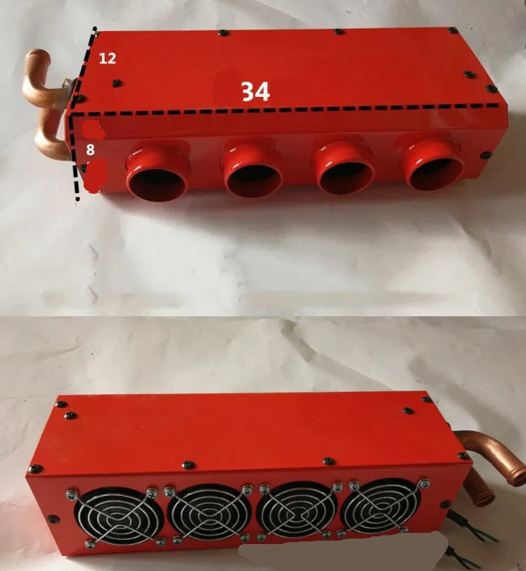 Long small metal car heater with four-hole copper pipe connections for 12V 24V systems.