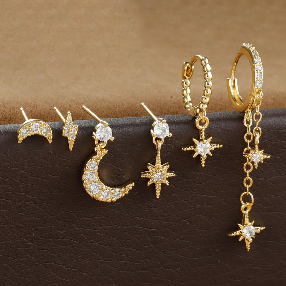 XINGX gold chain tassel earrings set of six with zircon stud accents on copper material
