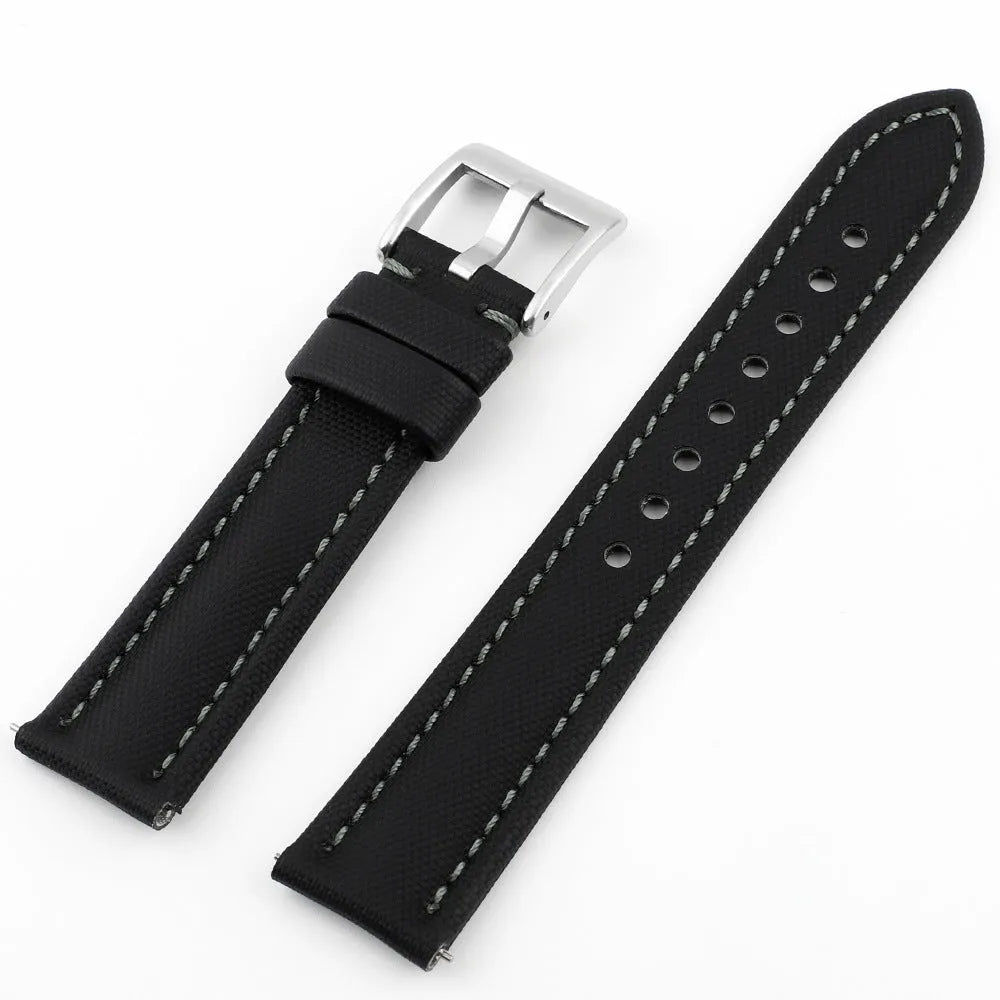 Oxford water-repellent cloth watch strap in black, available in 18mm to 22mm widths with leather fit layer.