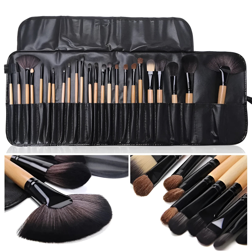 24 professional makeup brushes with wooden handles in a black PU gift bag
