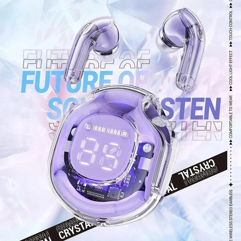Transparent warehouse wireless Bluetooth in-ear headset in black, white, pink, sky blue, or violet colour.