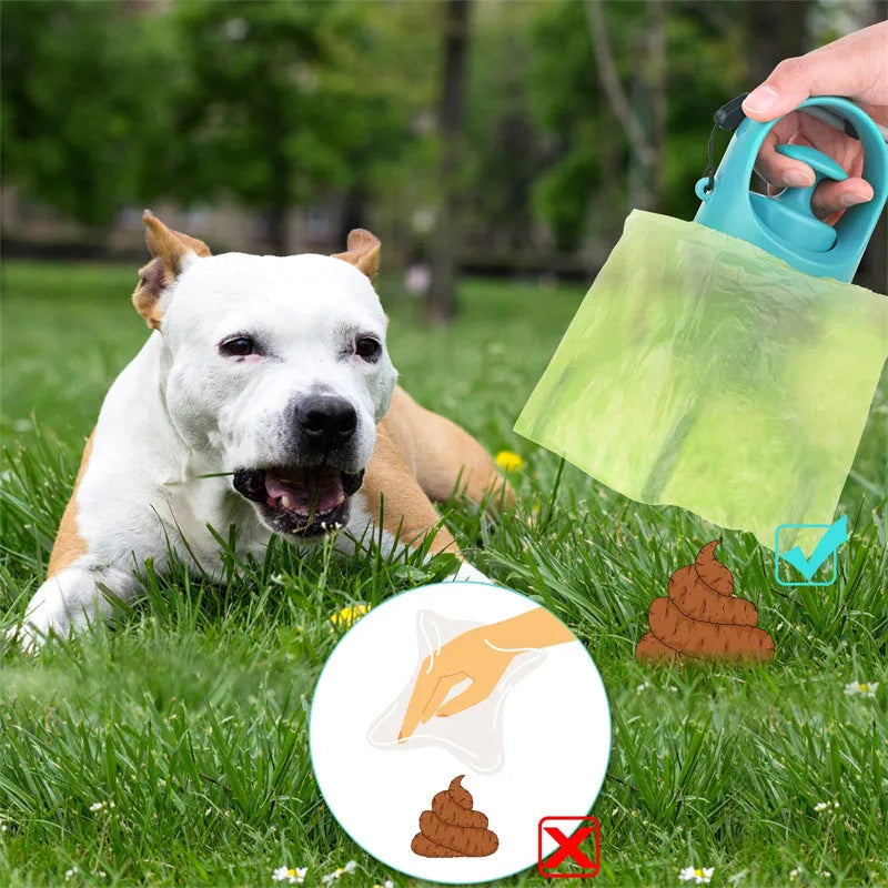 Blue portable dog pooper scooper with eight-claw shovel and built-in bag dispenser