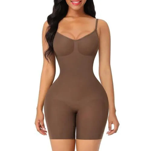 Plus size women's stretch sling one-piece shapewear in black nylon with hip lift and belly contracting functions