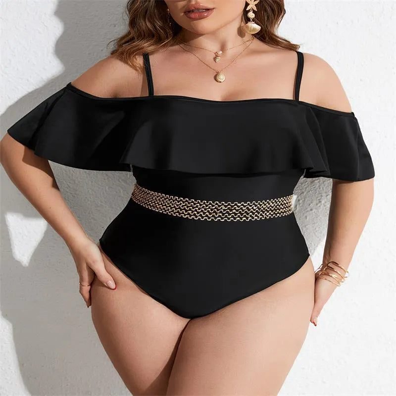 Black women's one-piece polyester swimsuit on a hanger