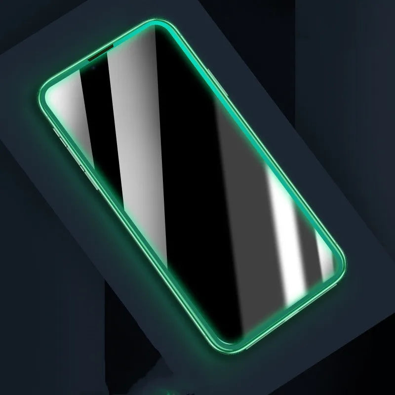 Tempered glass iPhone screen protector with luminous silicone soft edge, HD or privacy film, and locator