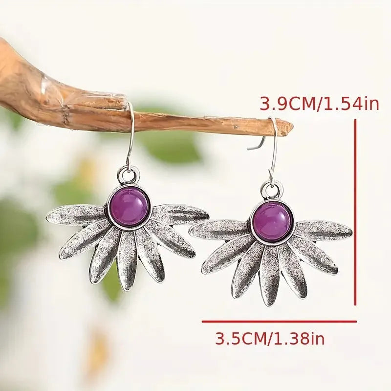 Purple resin flower earrings with alloy animal zodiac detailing in bohemian retro style
