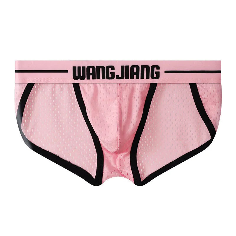 Men's triangle underwear in breathable ice silk mesh fabric, shown in solid colours including black, white, and blue.