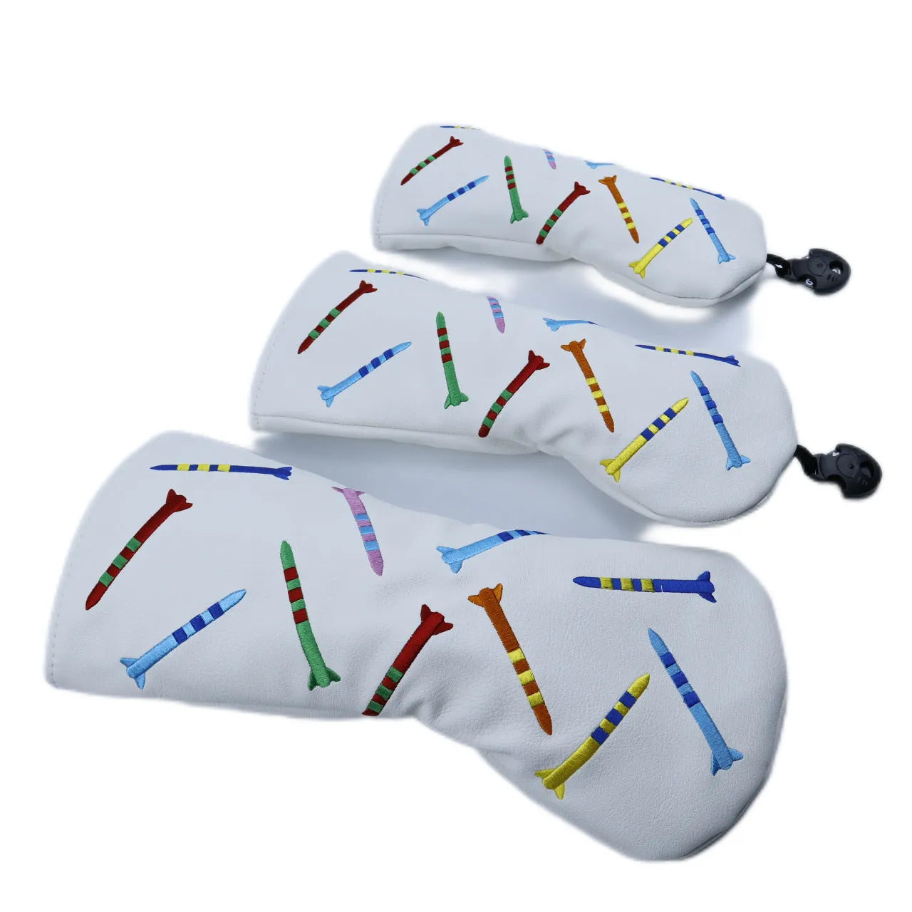 Set of three solid wooden golf practice poles with a smooth PU finish in black and white, shown in large, medium, and small sizes.