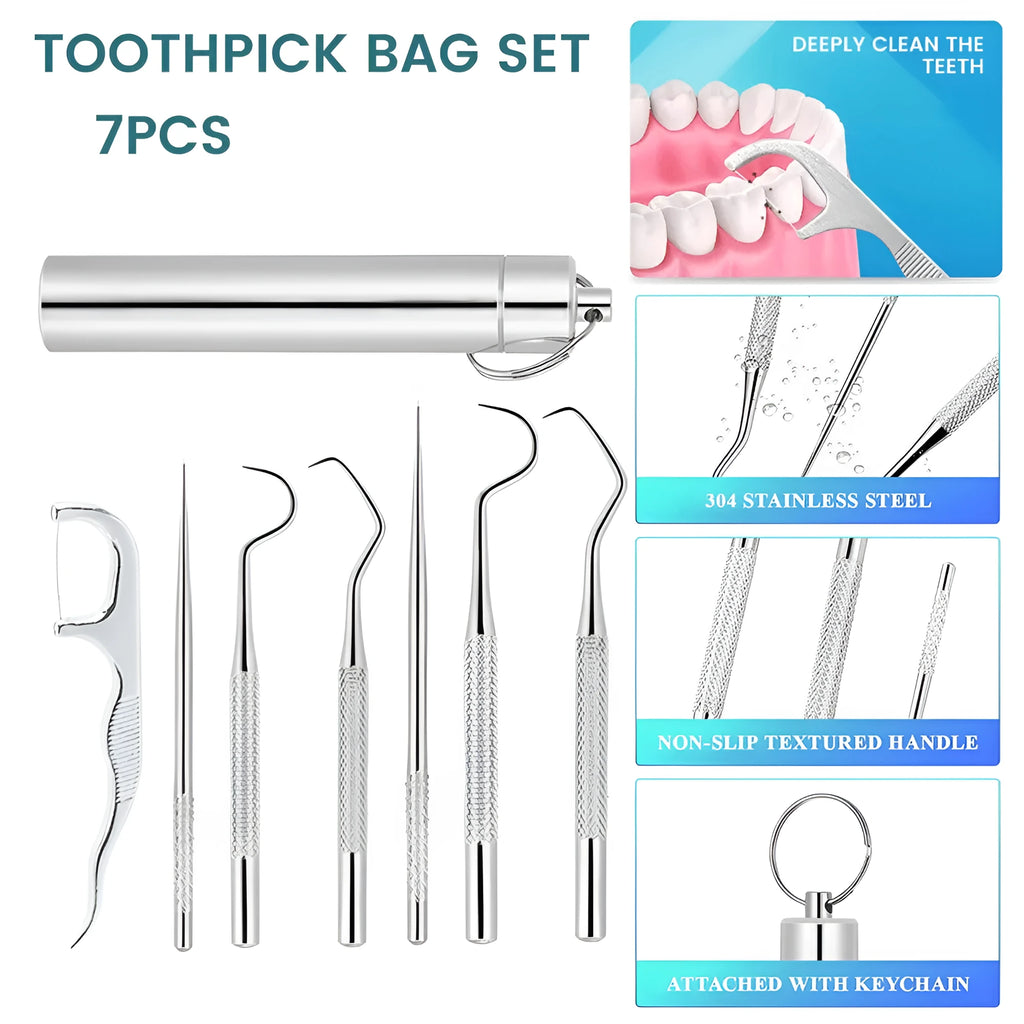 304 stainless steel toothpick set with 3 short and 3 long metal toothpicks plus 7 dental floss sticks in a cylinder