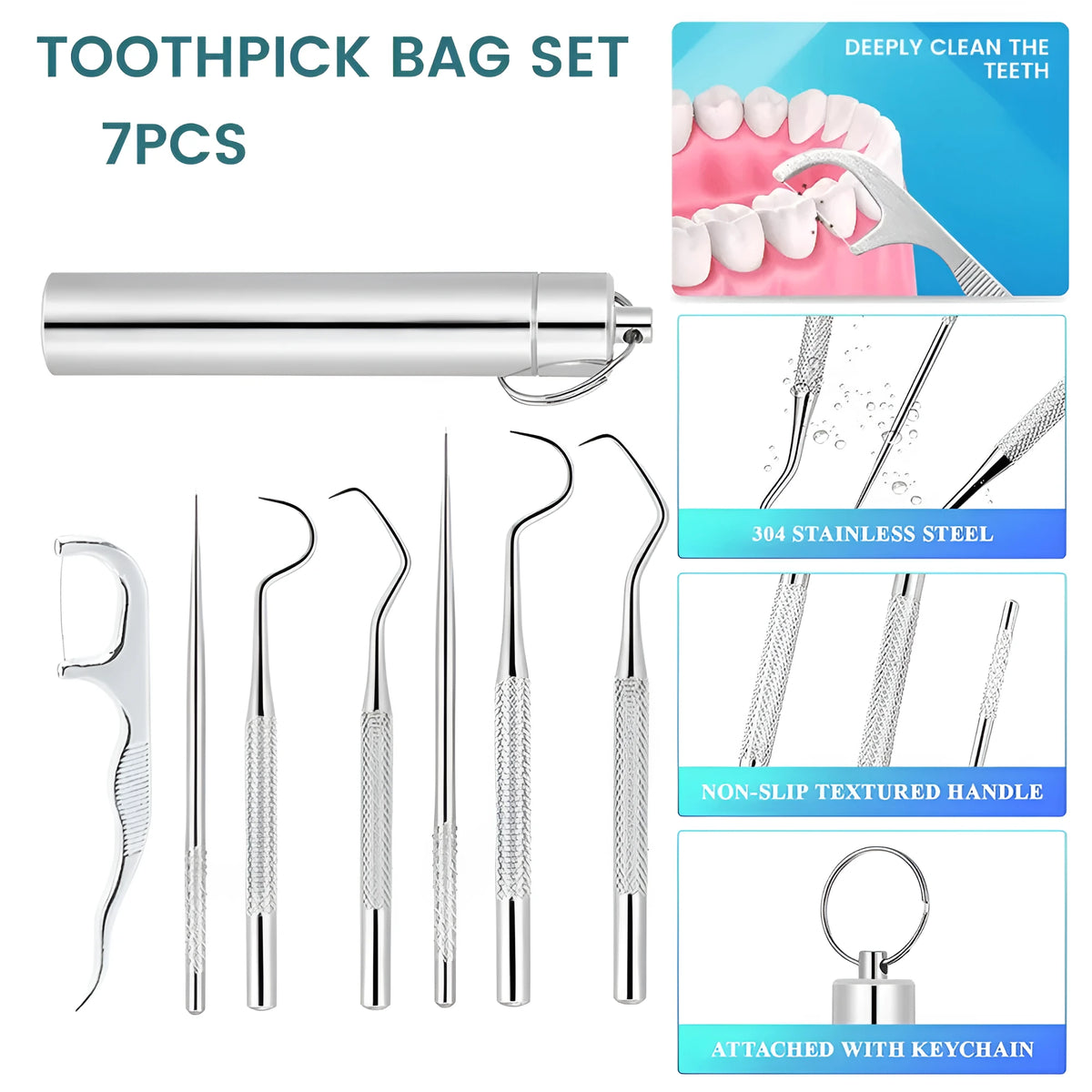 304 stainless steel toothpick set with 3 short and 3 long metal toothpicks plus 7 dental floss sticks in a cylinder