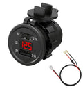 Waterproof motorcycle car charger with USB port and cigarette lighter socket in blue, green, or red LED options