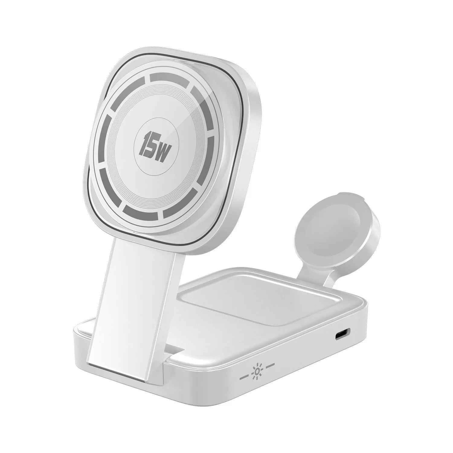 C40 foldable three-in-one wireless charger for mobile phone earphone and Apple Watch in black on a desk
