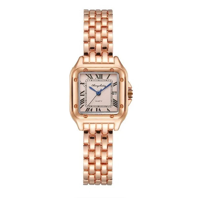 Square quartz watch with stainless steel strap, alloy watchcase, 28mm dial, shown in silver white, gold or rose gold colour options.