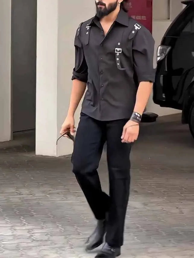 Men's black regular-fit polyester button-up shirt with a collar on a hanger.