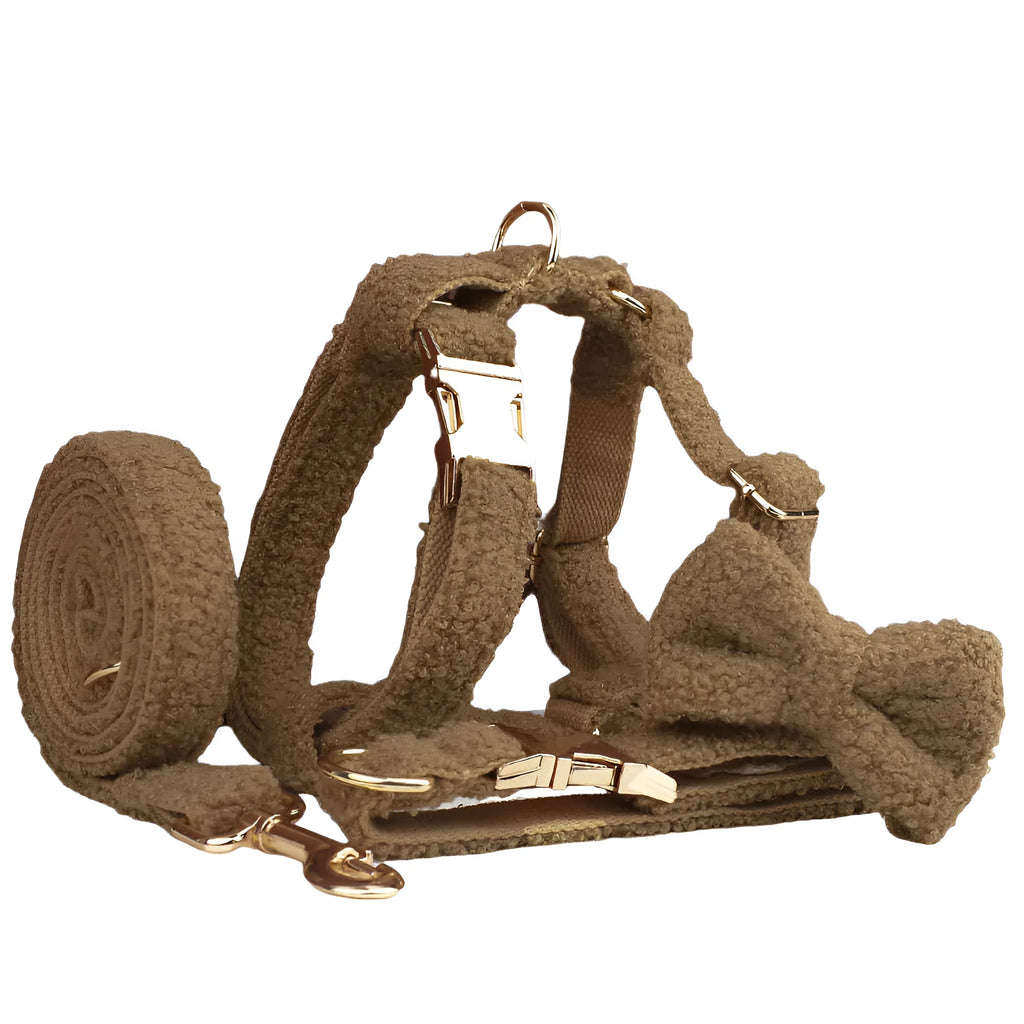 Brown polyester dog collar and lead set with optional bow and vest, shown in matching brown for sizes XS to XL