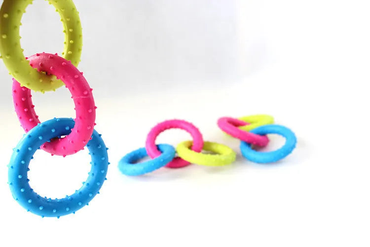 Blue TPR rubber dog toy shaped like a three-link chain for chewing and dental care