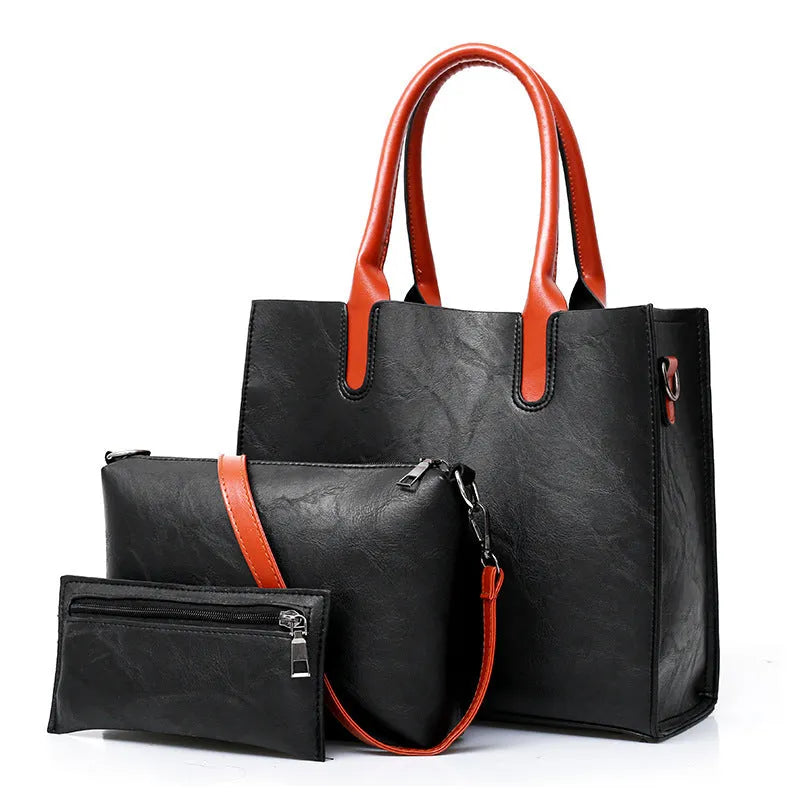 Three-piece women's PU bag set in retro style with sewing line detail, available in four solid colours