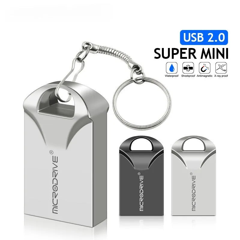Small silver and black metal USB flash drive on a white background
