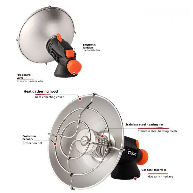 Black and orange mini portable camping stove with automatic ignition on a grassy outdoor surface.
