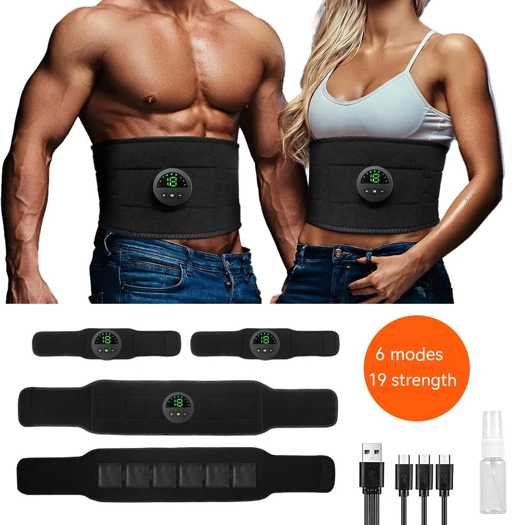EMS fitness belt waist massager with silicone waistband, arm patch, abdominal patch, USB cable
