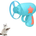 Blue plastic cat toy gun with spinning disc launcher for indoor feline entertainment