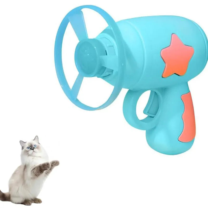 Blue plastic cat toy gun with spinning disc launcher for indoor feline entertainment