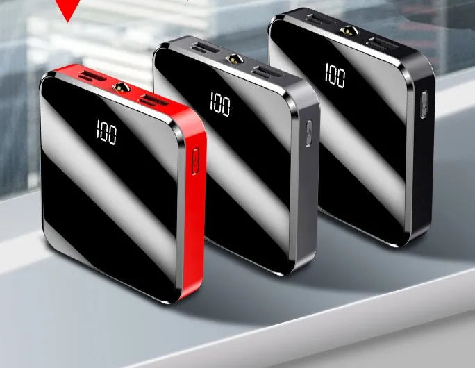 Mini compact full mirror power bank 20000mAh dual USB portable charger in cool black finish