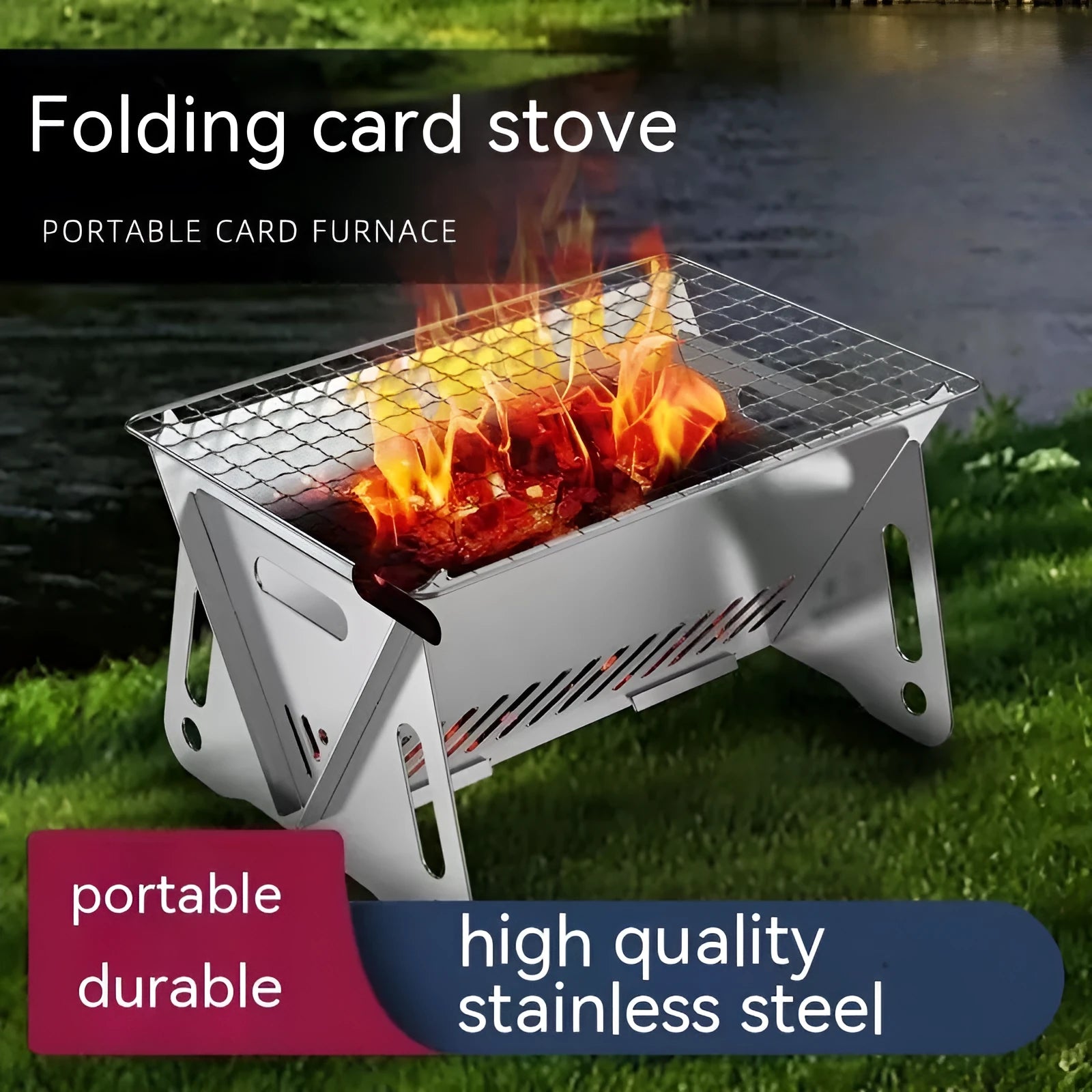 Stainless steel folding barbecue oven with large grill rack and storage bag for outdoor cooking