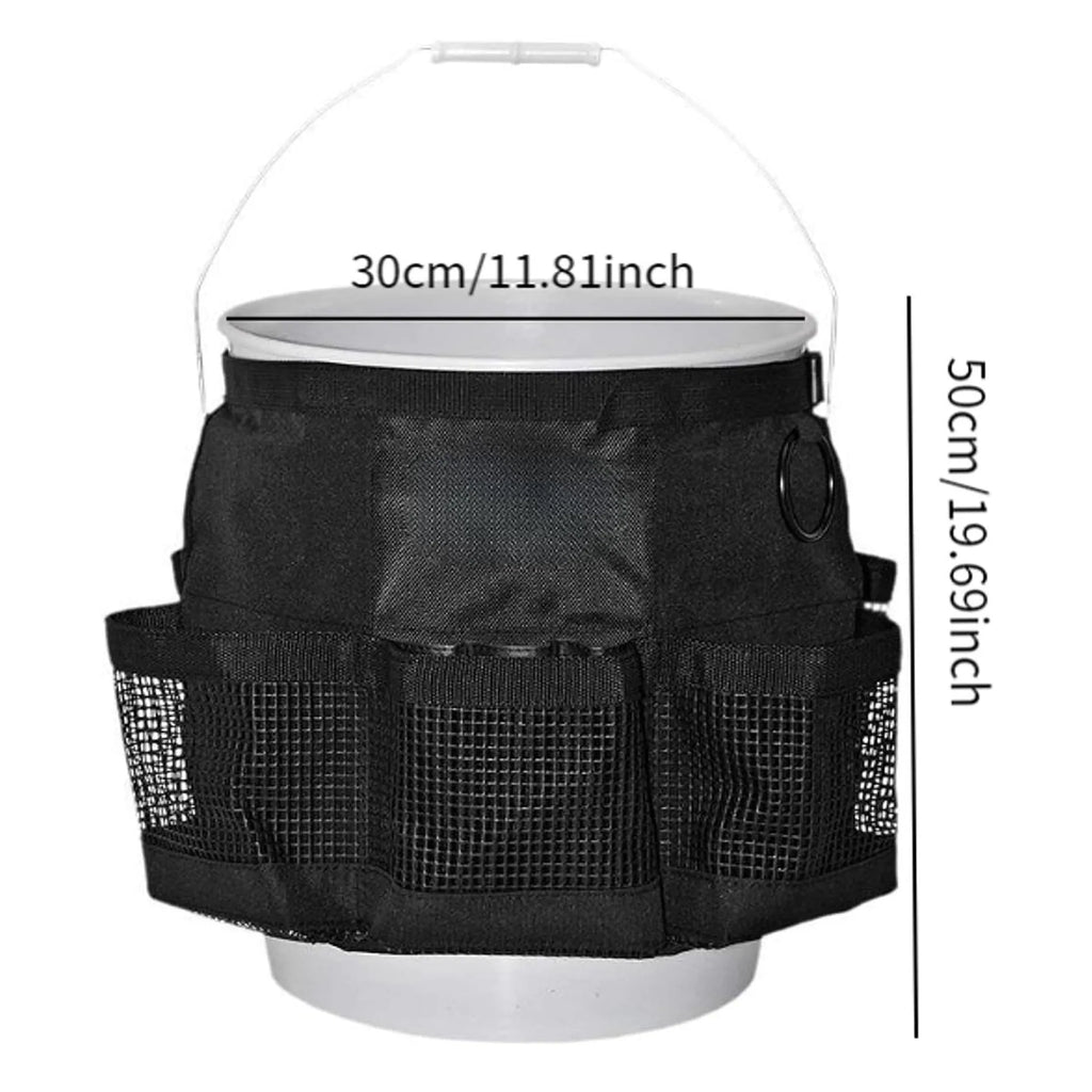 Black cylindrical polyester storage bag hanging on 5 gallon bucket for tool organisation