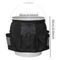 Black cylindrical polyester storage bag hanging on 5 gallon bucket for tool organisation