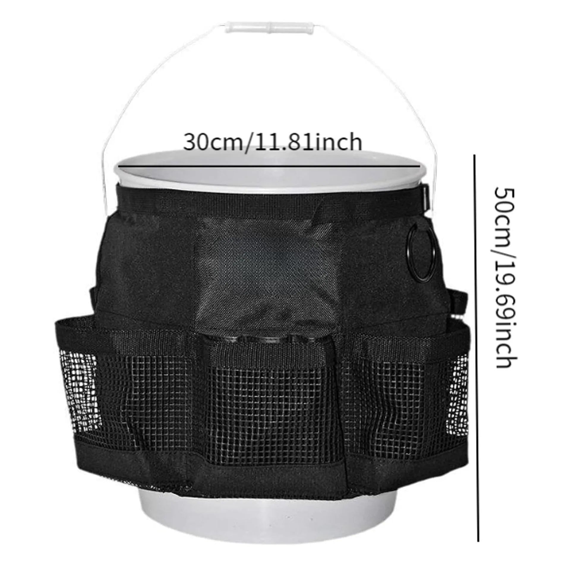 Black cylindrical polyester storage bag hanging on 5 gallon bucket for tool organisation