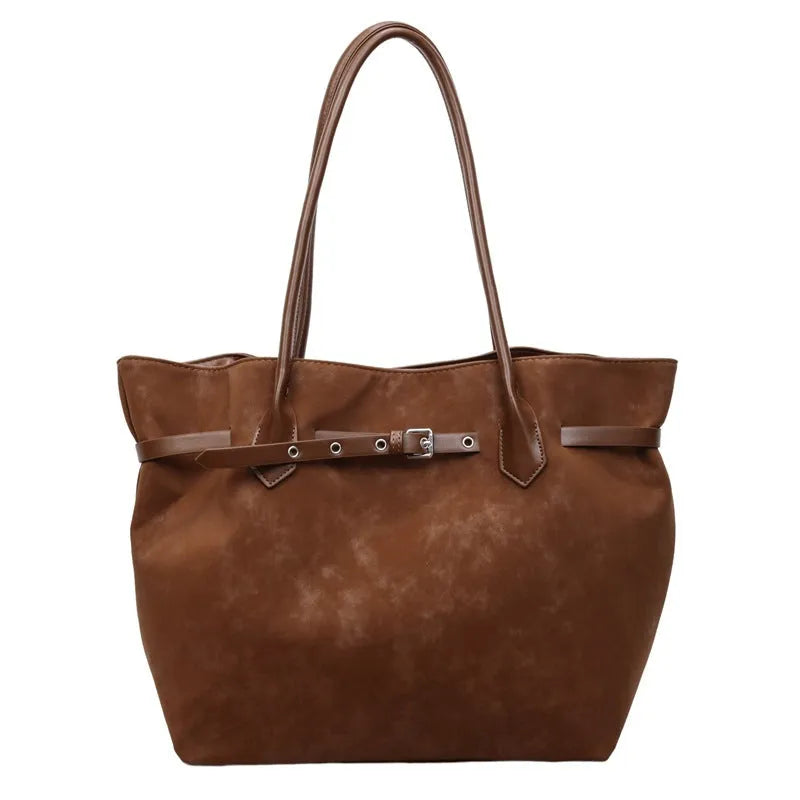 Retro deerskin velvet large tote bag for women, 46x15x31cm, black with sandwich pocket