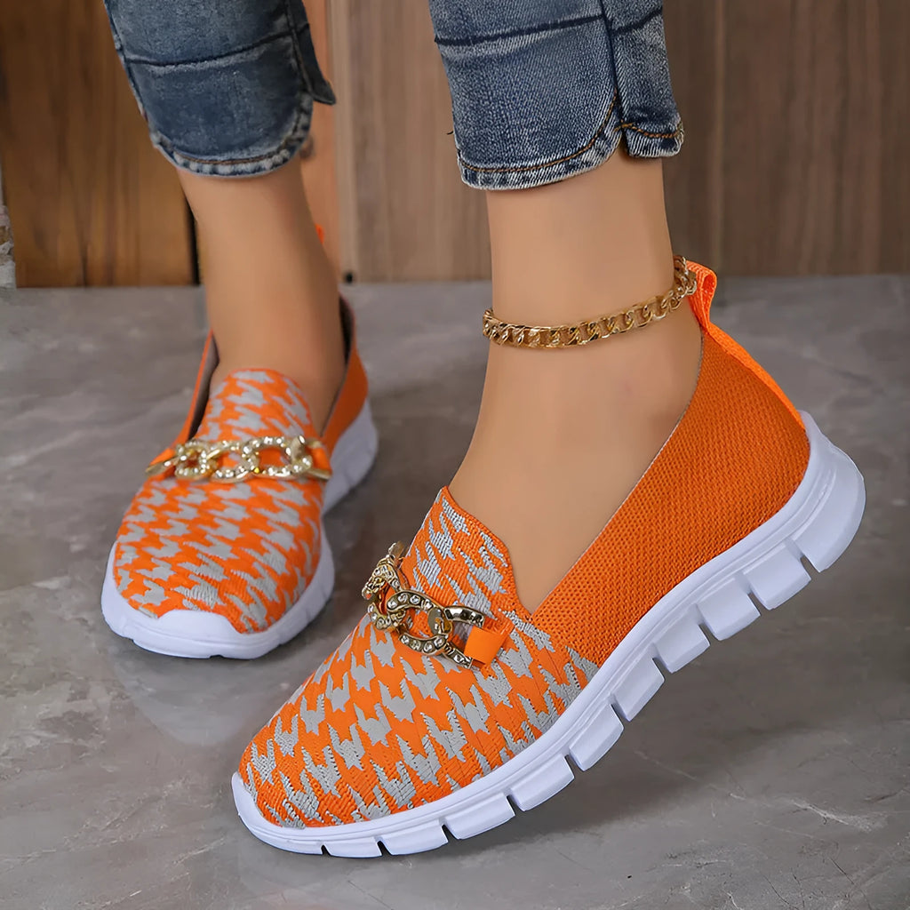 Casual Houndstooth Print Chain Mesh Shoes Summer Walking Sports Flat Shoes Women Breathable Loafers with Metal Detail Rubber Sole Low Heel Platform Round Toe